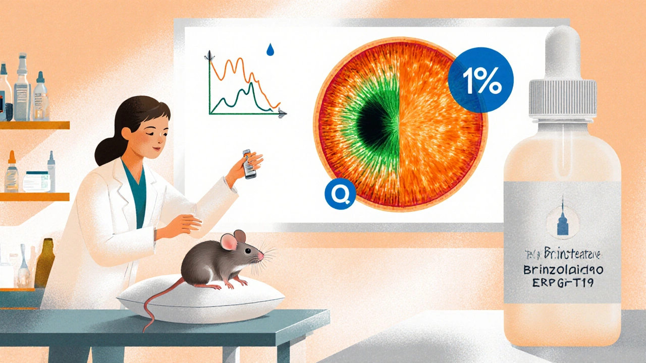 Researcher applying Brinzolamide drops to a mouse, showing protected retinal cells in cartoon style.