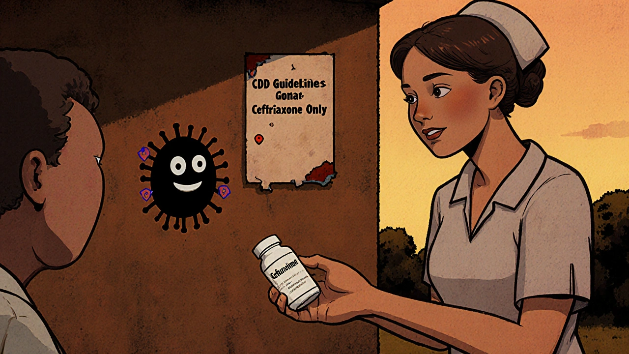 Rural nurse giving a patient cefuroxime pills while a resistant bacterium smiles nearby.