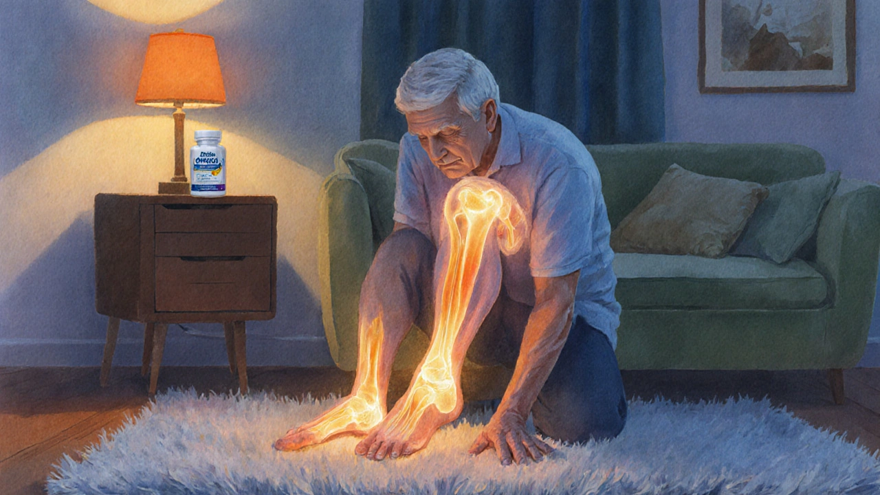 Senior doing morning joint exercises at home with a warm glowing aura.