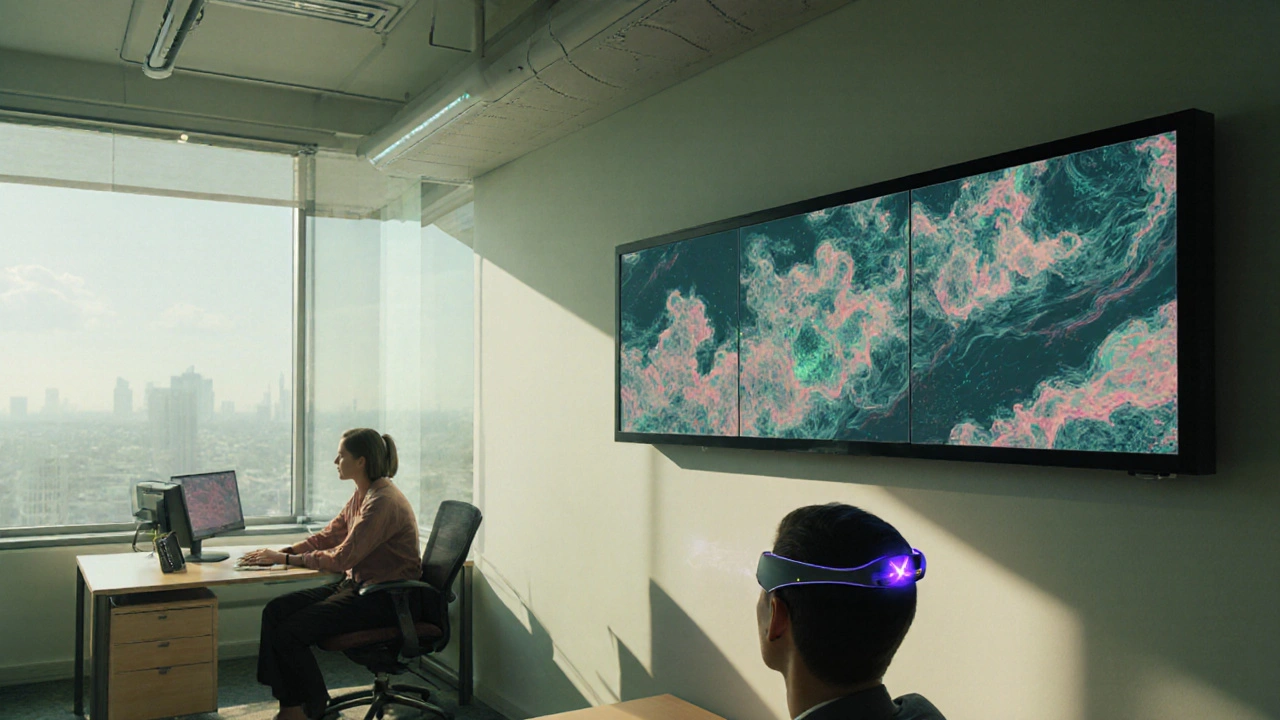 Smart office with AI‑driven air filtration and people unaffected by allergens.