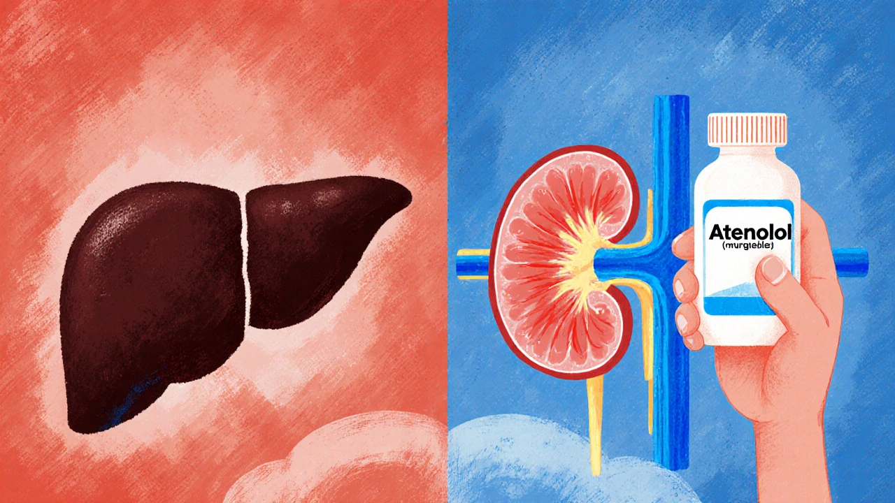 Split image: patient with nebivolol and damaged liver versus atenolol and healthy liver.