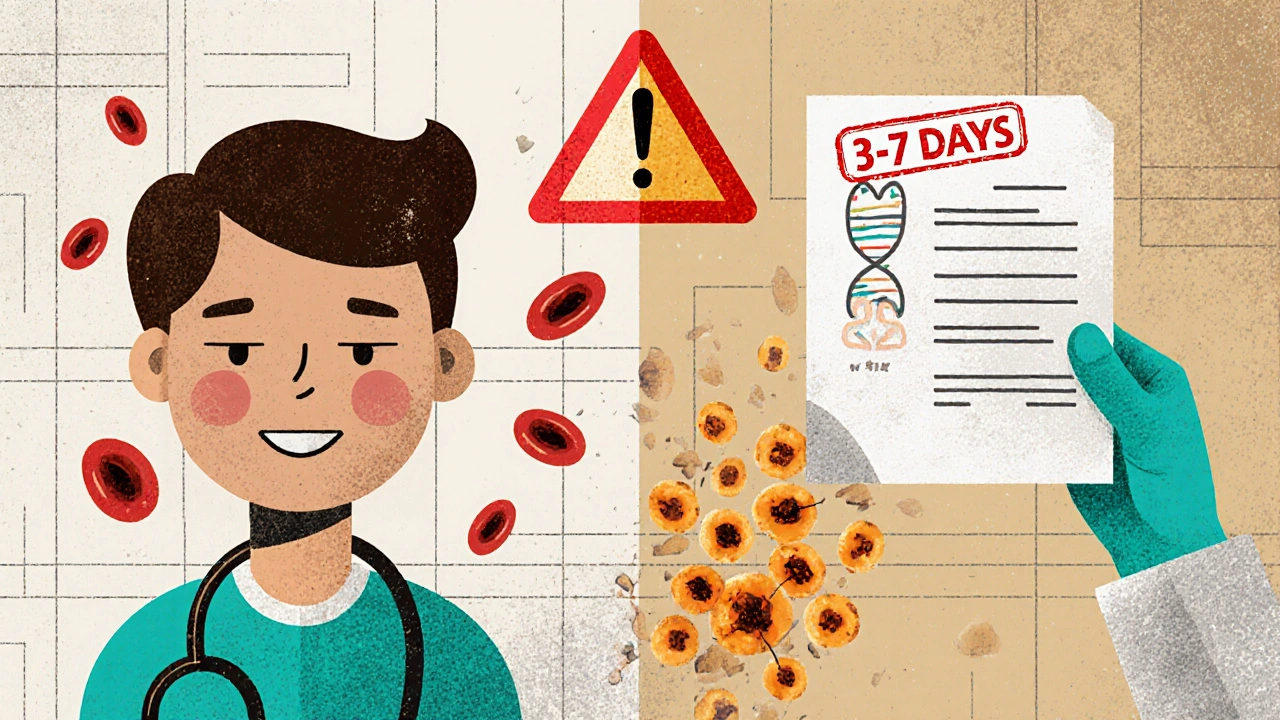 Split medical chart showing healthy vs. at-risk patients with gene markers and lab results.