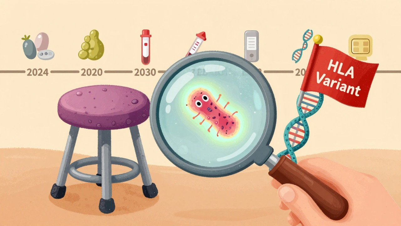 Stool sample with fading gut bacteria and genetic warning flag.