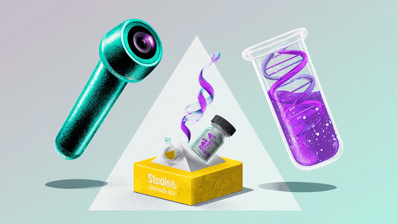 Three cartoon icons show colonoscopy tube, DNA test vial, and stool kit as early‑detection tools.
