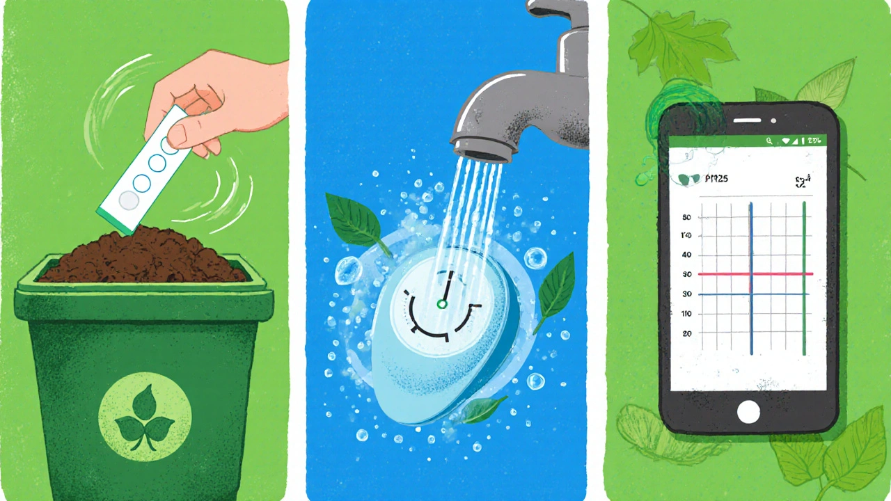 Three panels: biodegradable strip in compost, silicone monitor being rinsed, phone with temperature chart.