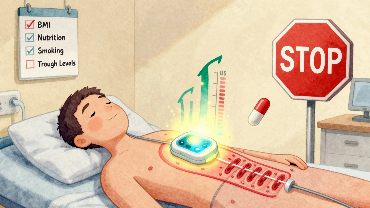 Wearable sensor monitoring wound healing with collagen and VEGF rising, while a sirolimus pill is paused by a stop sign.