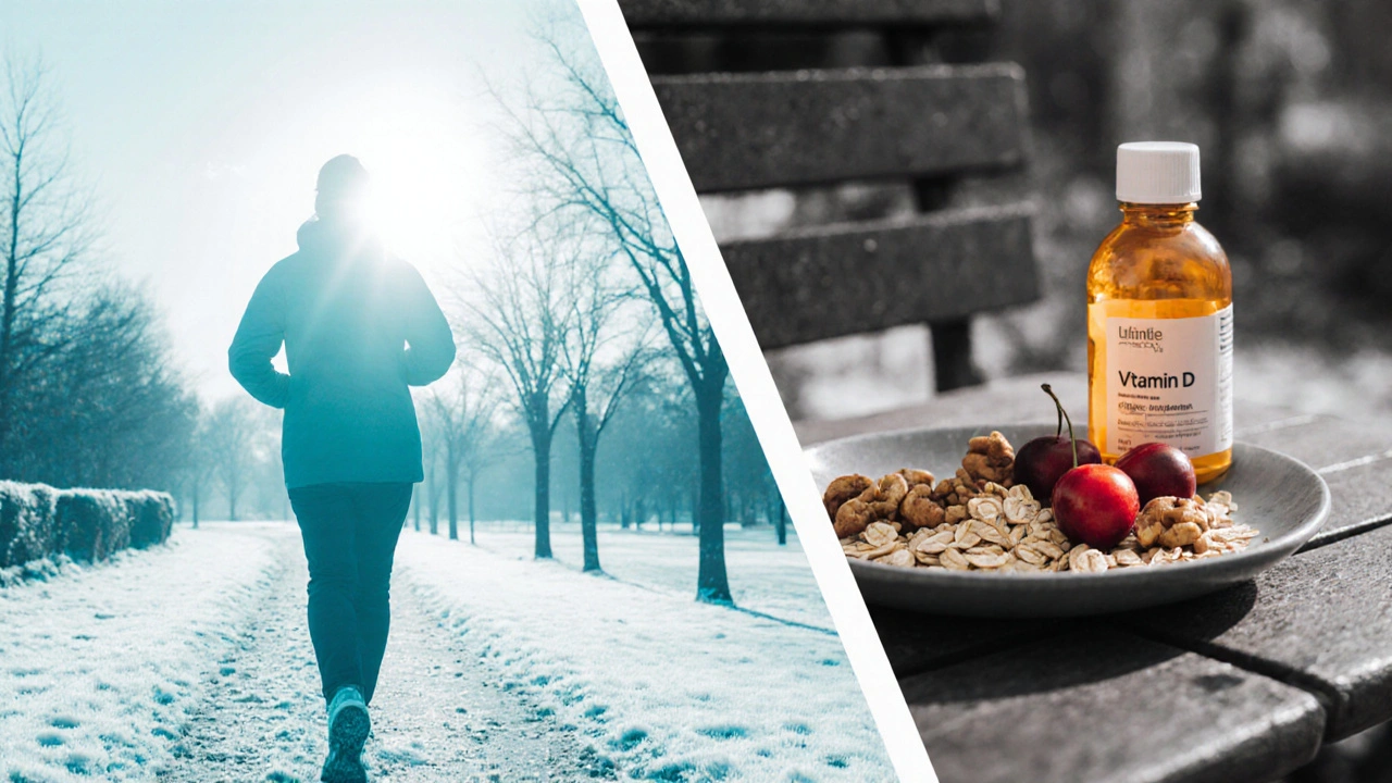 Winter walk with sunrise, foods, and vitamin D bottle representing SAD lifestyle tips.