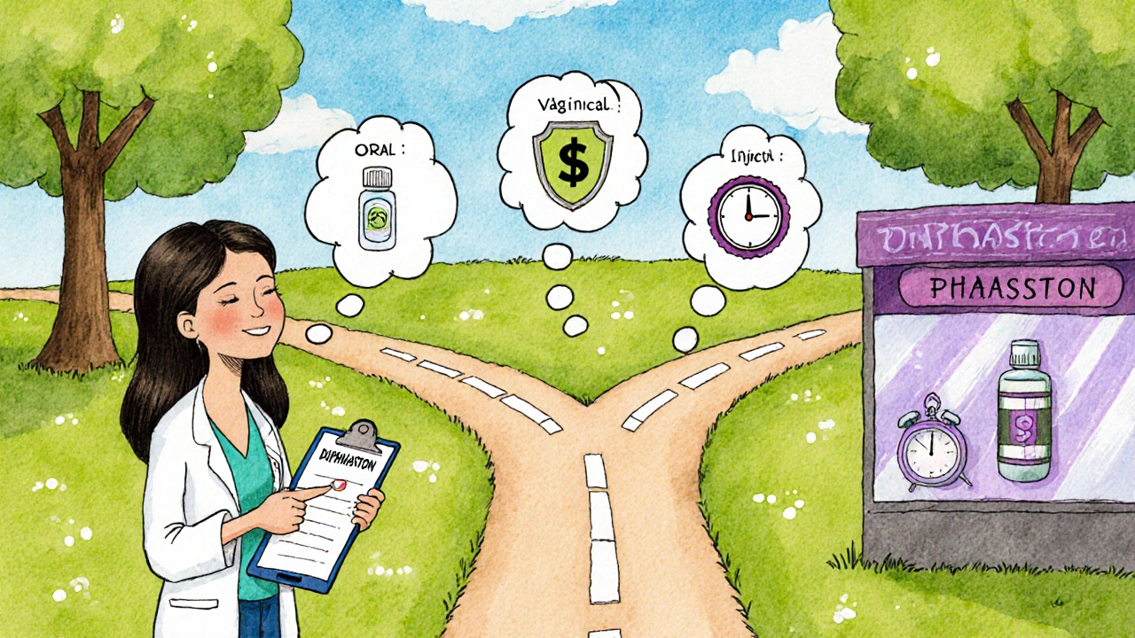 Woman at a park crossroads choosing oral, vaginal, or injection routes.
