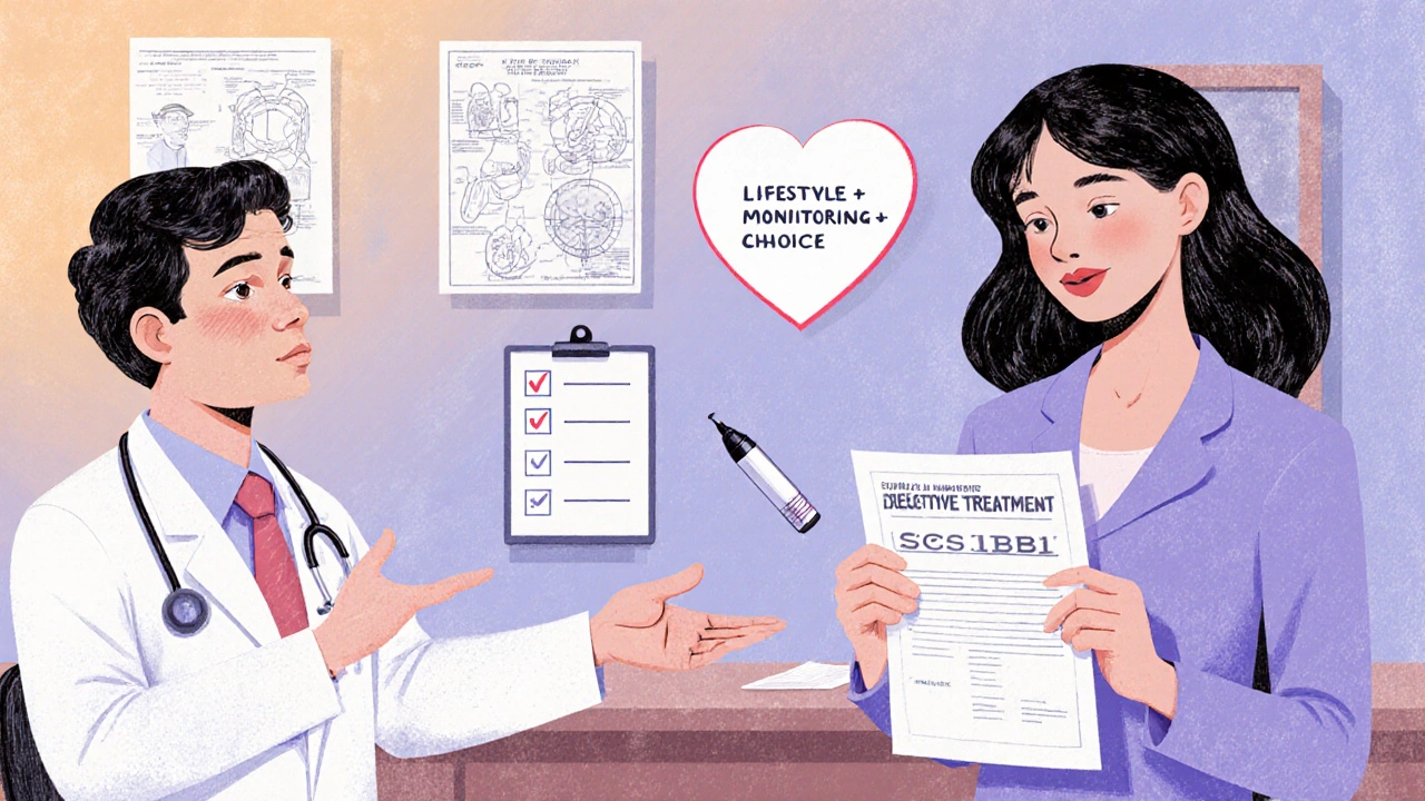 Woman in doctor’s office holding genetic test results while being offered non-statin cholesterol treatments.