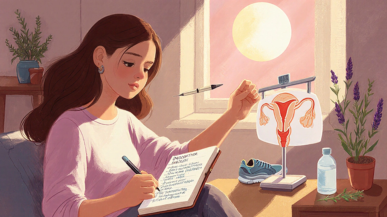 Woman tracking her cycle at home with journal, inositol, and ovulation strips, surrounded by wellness symbols.