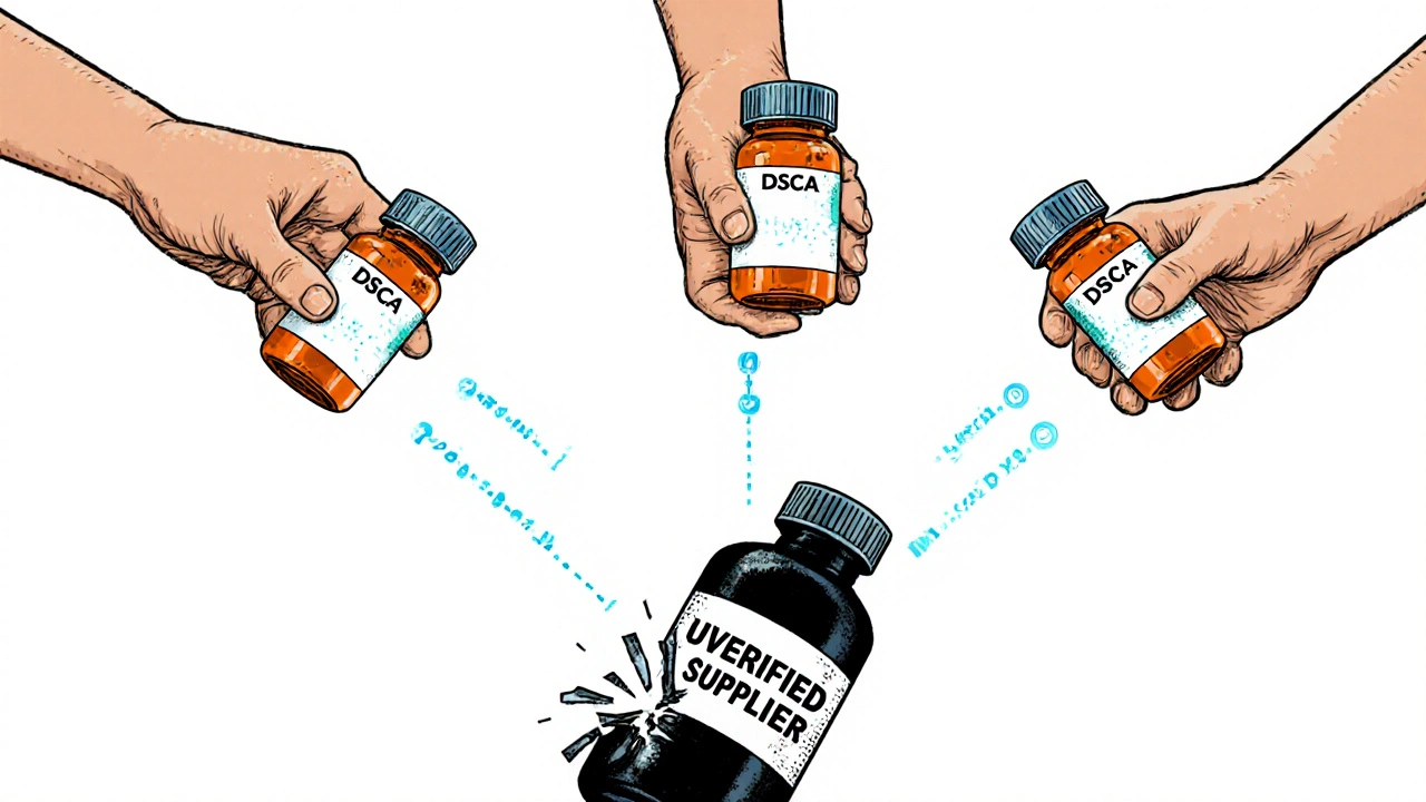 A chain of hands connected by glowing DSCSA data tags, symbolizing secure drug traceability, with a broken counterfeit bottle at the base.