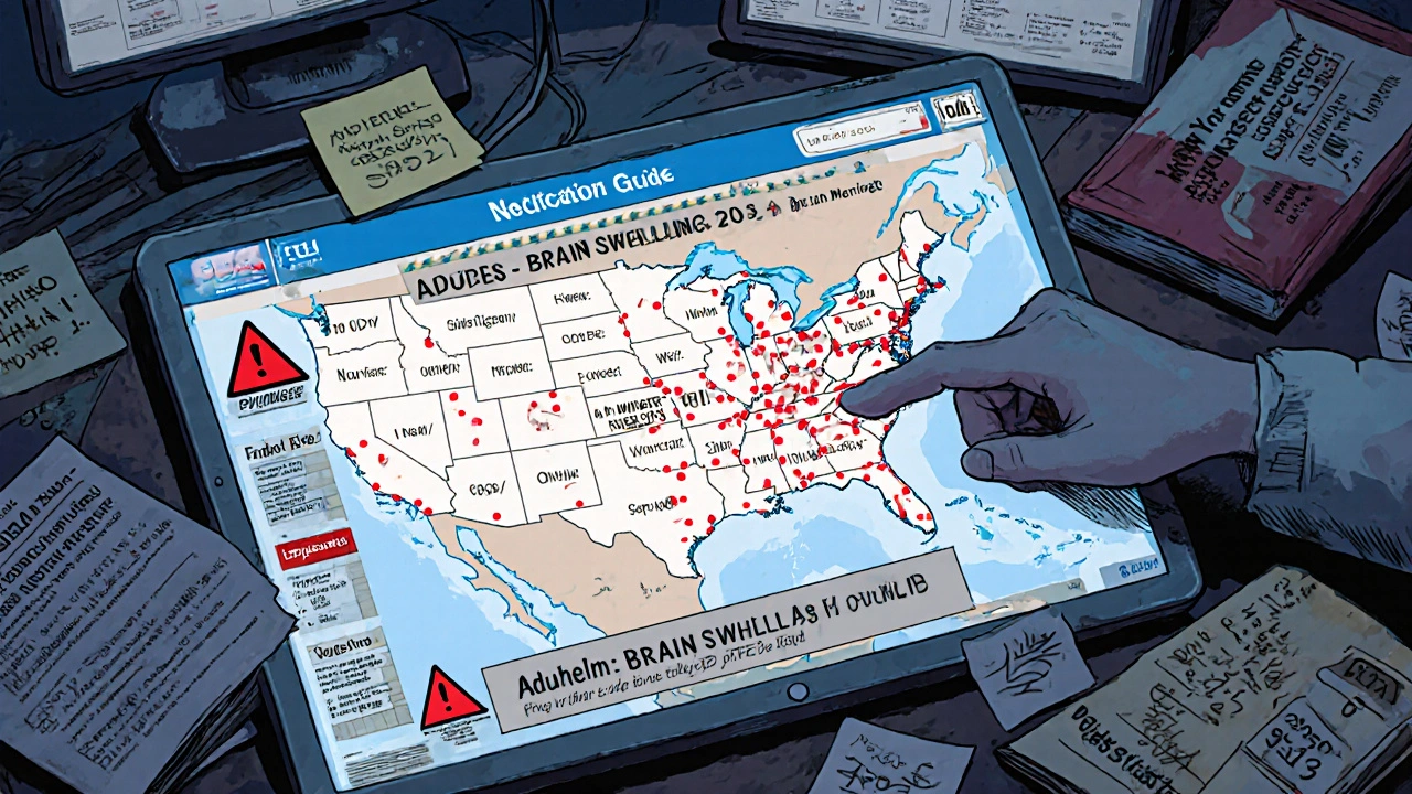 A clinician’s desk is overwhelmed with outdated info and a live FDA alert map.