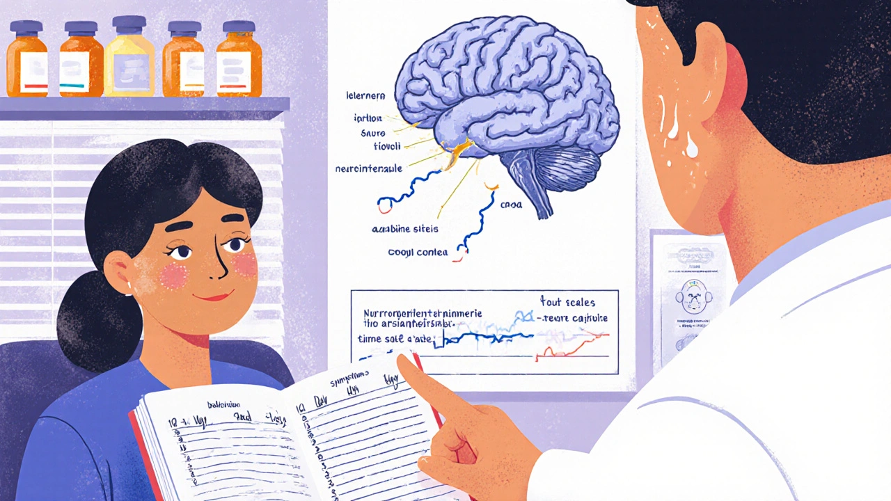 A doctor and patient reviewing a journal and brain chemistry diagram in a clinic.