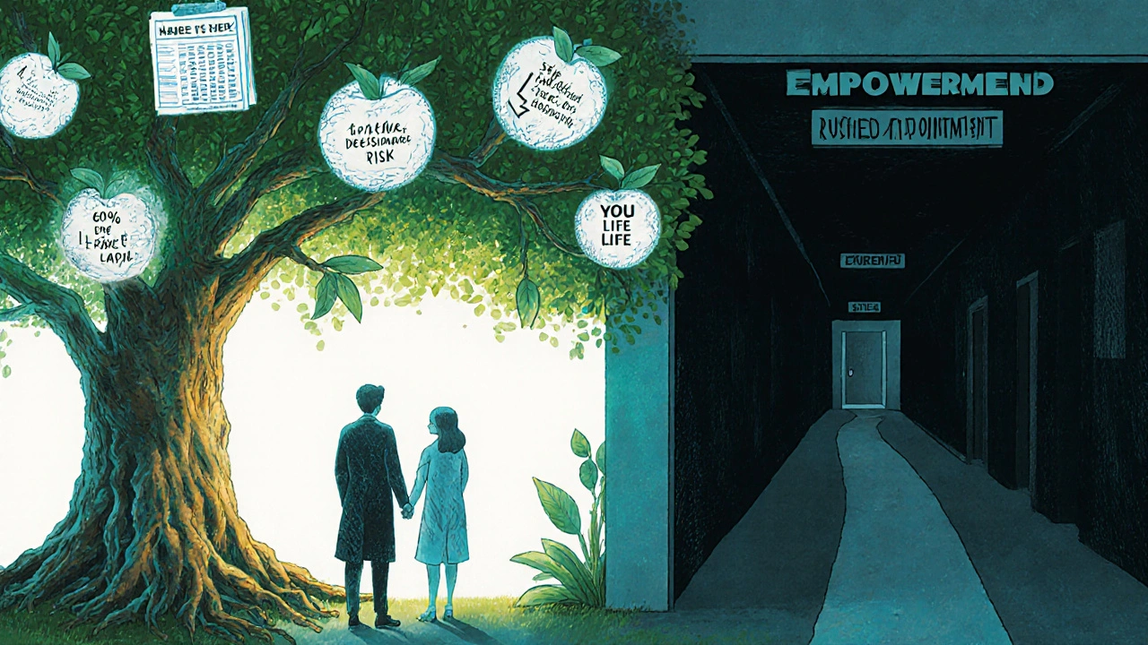 A doctor and patient under a symbolic tree of treatment options, with a path leading away from rushed care.