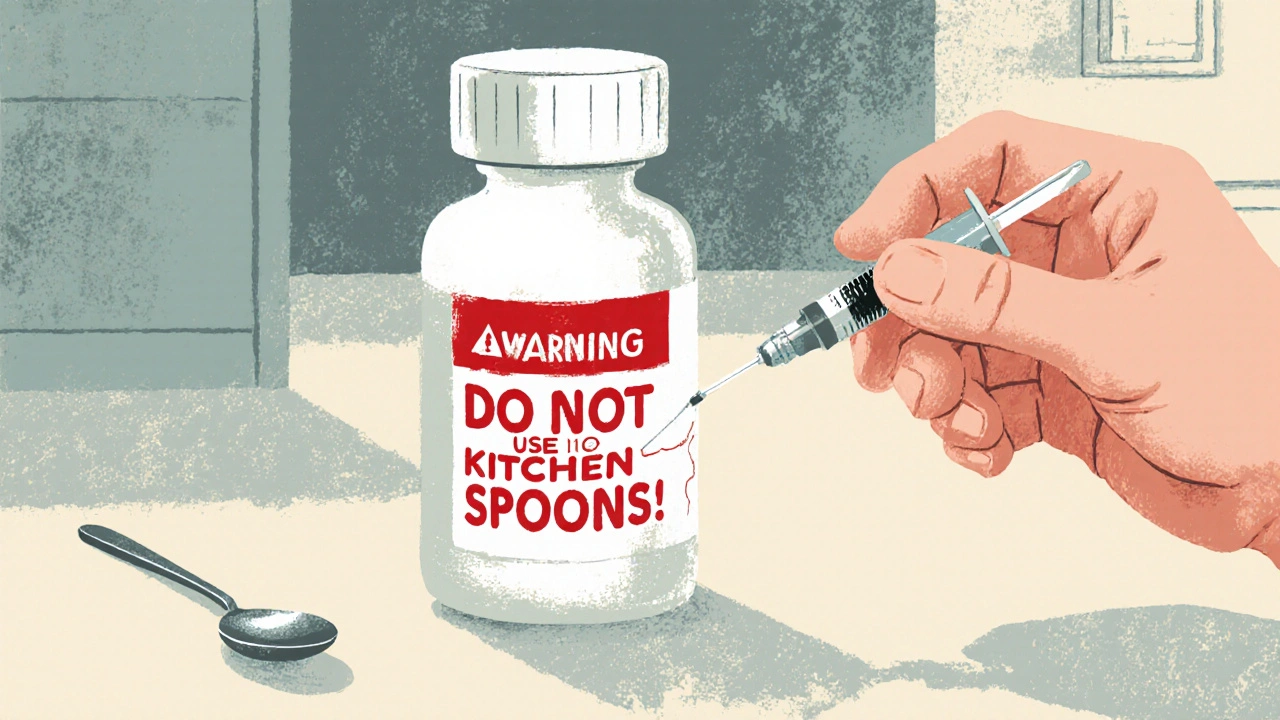 A parent carefully measuring child&#039;s medicine with a dosing syringe, while a kitchen spoon is left unused.