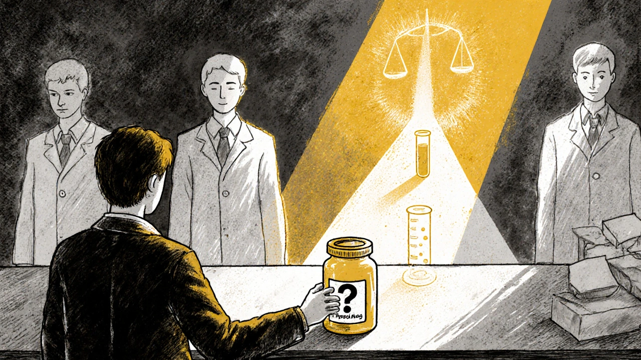 A person at a pharmacy with fading calm versions of themselves, guided toward a lab test.