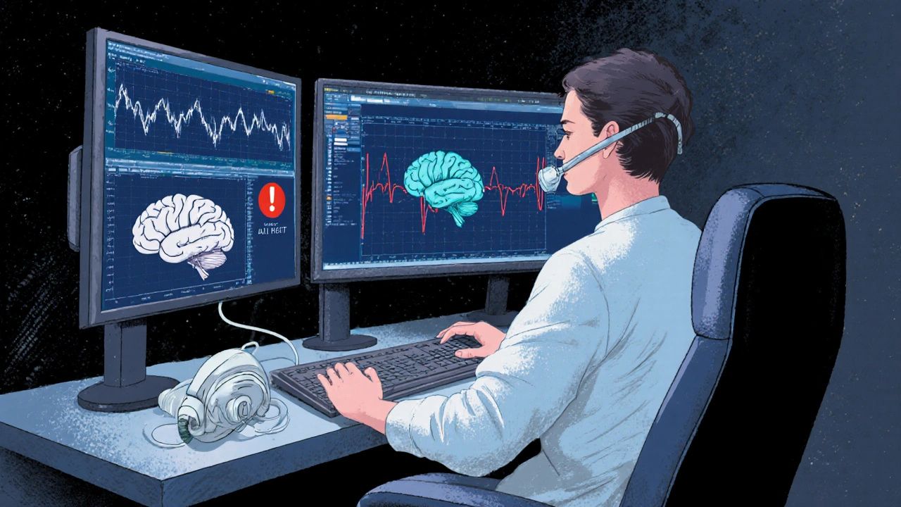 A sleep technologist monitoring multiple screens showing brain waves, breathing, and oxygen levels during a sleep study.