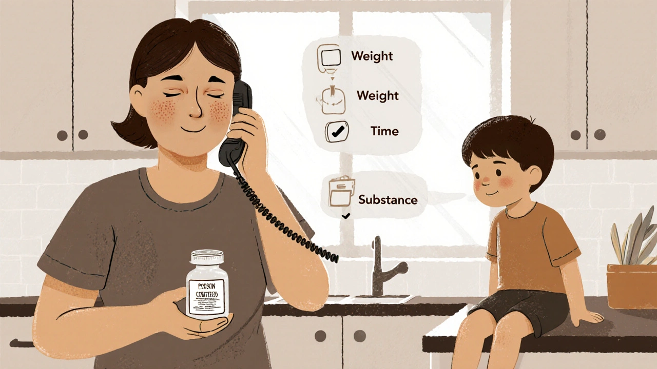 Adult calmly consulting Poison Control while holding a labeled pill bottle, child safe in background.
