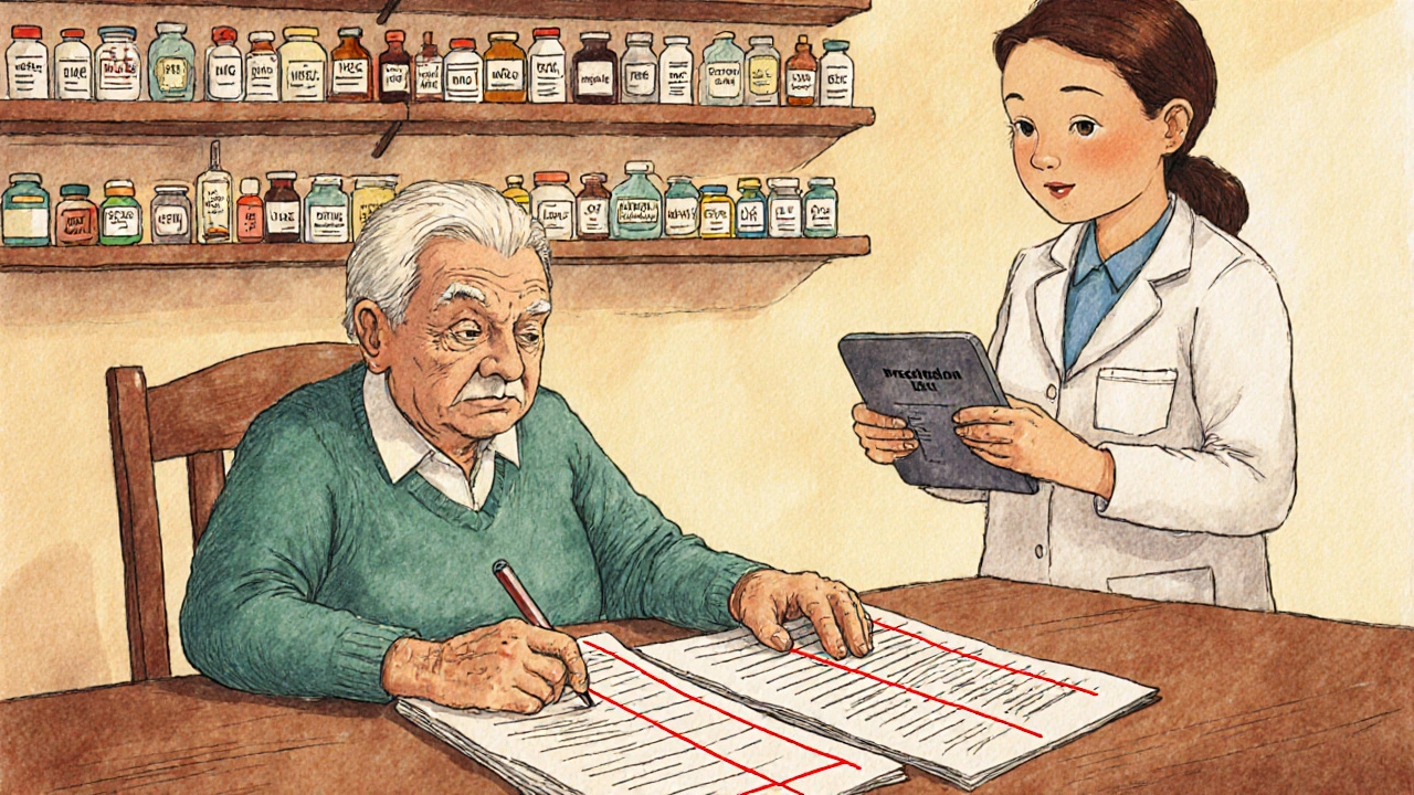 An elderly person reviewing all medications with a pharmacist, highlighting potential drug interactions.