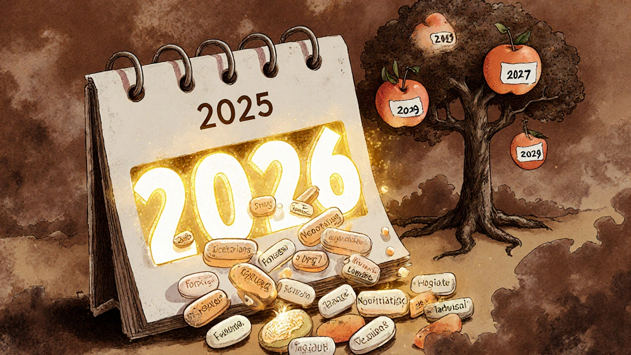 Calendar turning to 2026 as new drugs enter negotiation pipeline, with a growing tree of lower prices.