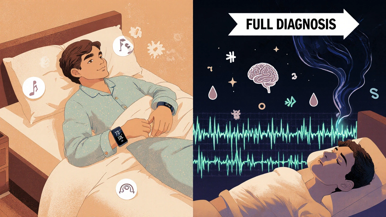 Comparison illustration: home sleep tracker vs. full polysomnography with detailed physiological data streams.