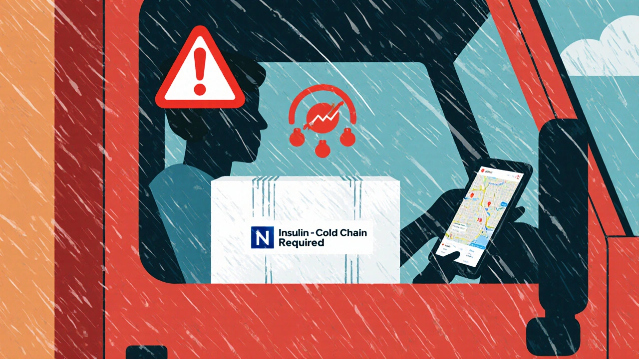 Delivery truck in a storm with a cold-chain medication package and real-time temperature alert on tablet.
