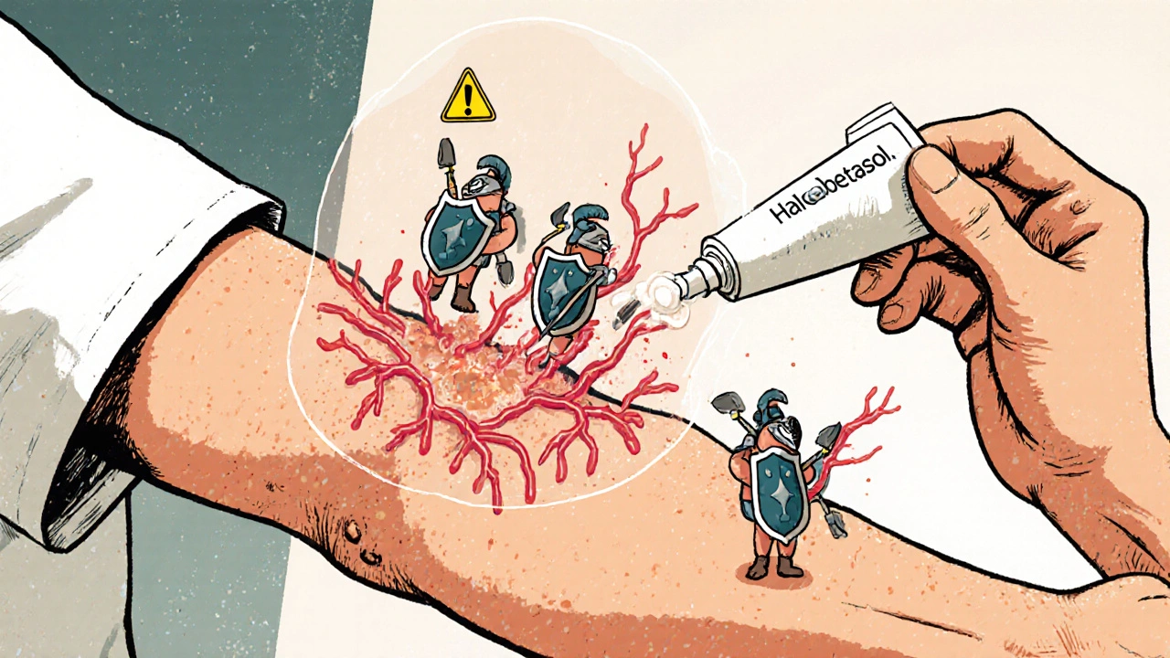 Dermatologist applying steroid cream to thickened skin on elbow with immune cells retreating