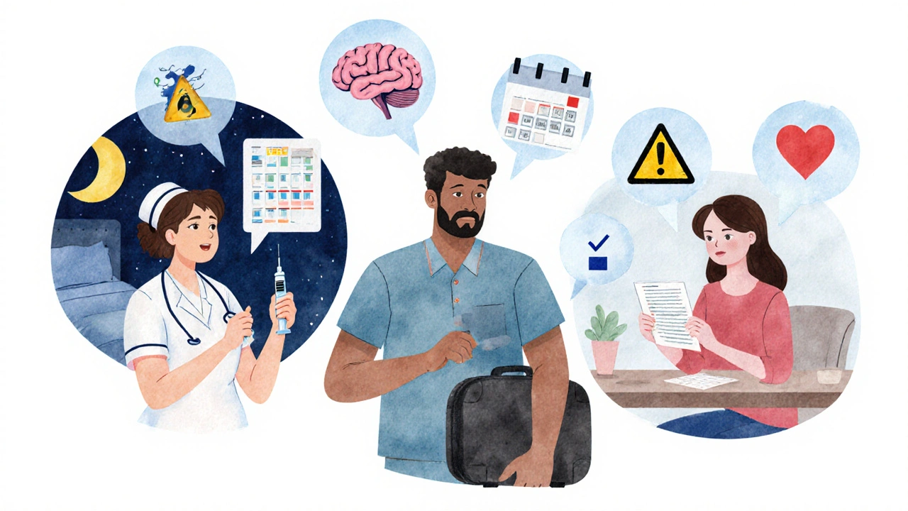 Diverse patients in daily life contexts considering treatment trade-offs with visual icons of benefits and risks.