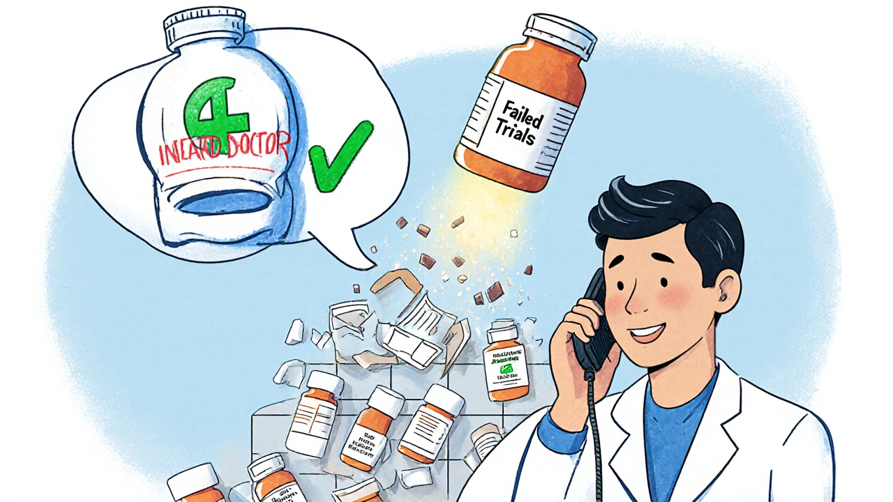 Doctor and insurance reviewer connected by a peer-to-peer call, with failed meds crumbling.