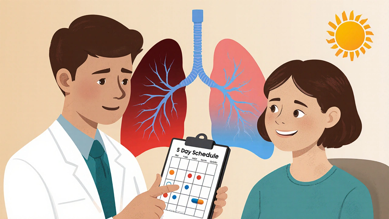Doctor and patient reviewing 5-day treatment plan, lungs transitioning from inflamed to healthy.