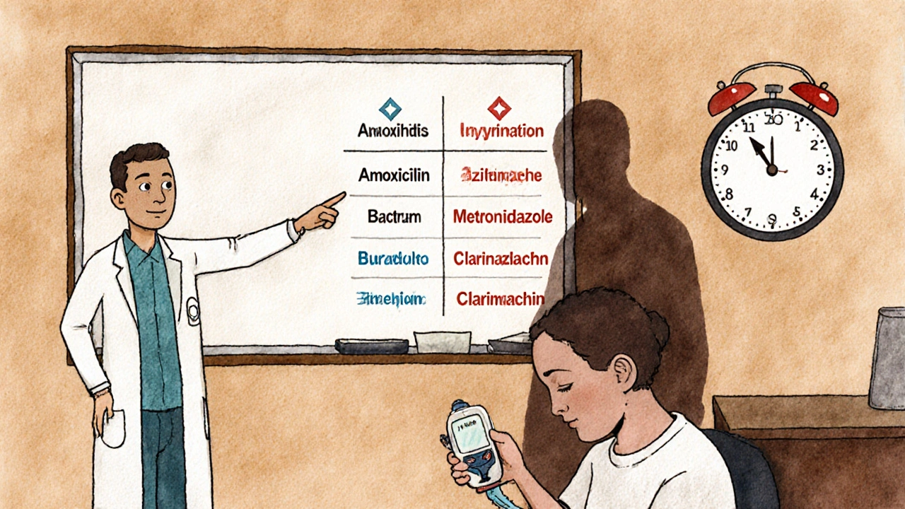 Doctor explains antibiotic risks on whiteboard while patient checks INR monitor at home, with safe and unsafe drugs listed.