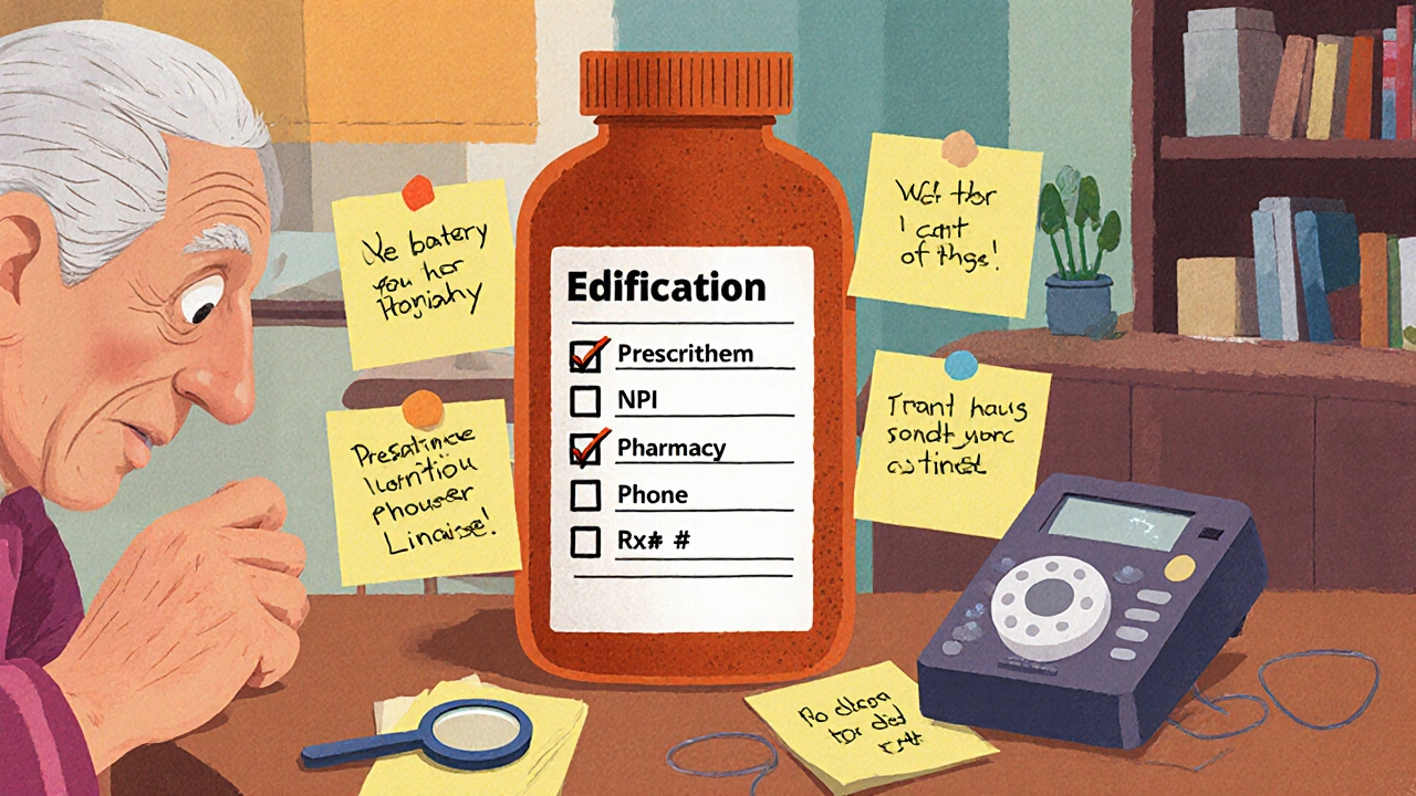 Elderly person reviewing a large-print medication label with a checklist and phone ready to call the pharmacy.