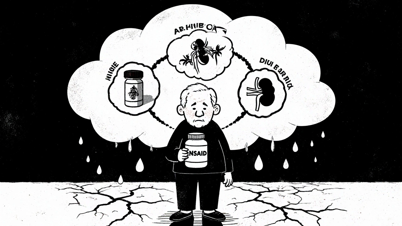 Elderly person surrounded by dangerous medication combo cloud, with kidney shadow collapsing.