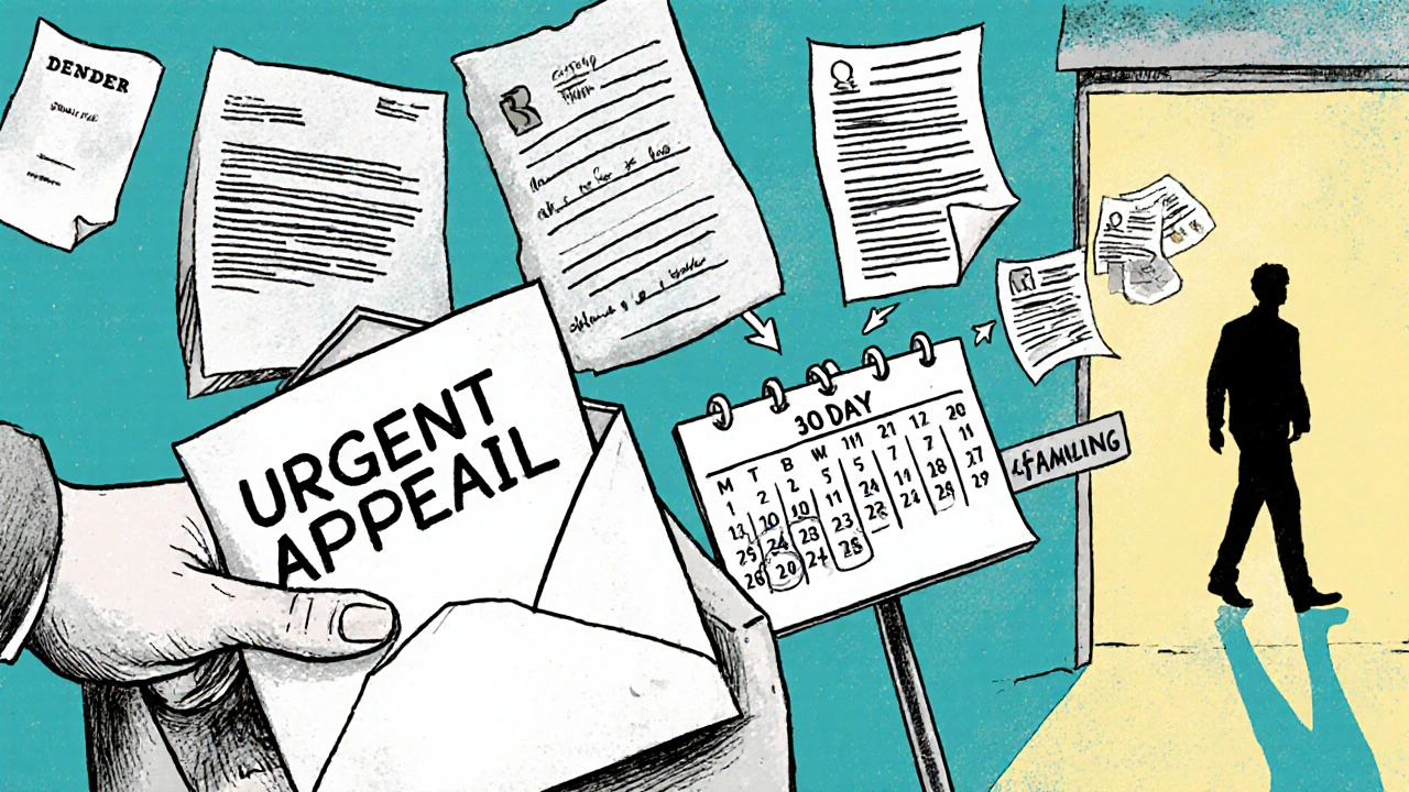 Envelope mailed for appeal with documents trailing behind, leading to a hopeful pharmacy.