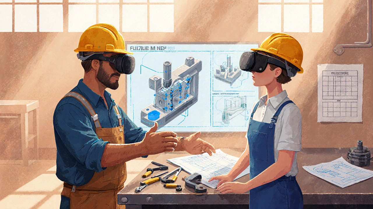 Experienced worker mentoring a new hire using an AR headset during machine assembly training.