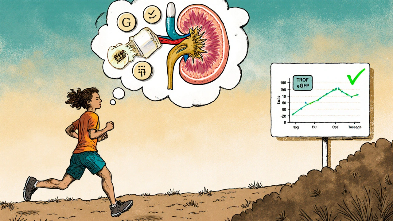 Jogger with kidney under stress, safer pain options glowing beside them in textured illustration.