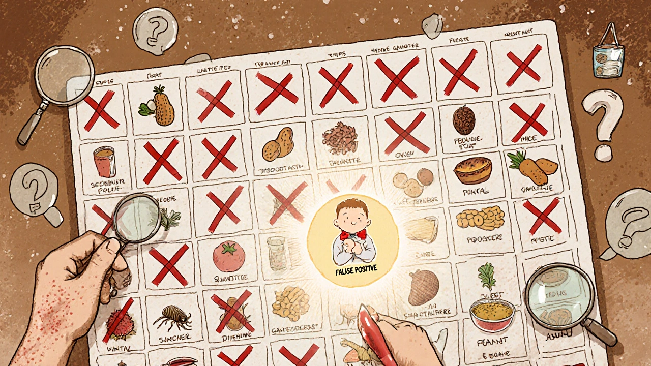 Overwhelming panel of 20 allergens with many false positives crossed out, while only two key allergens glow clearly.