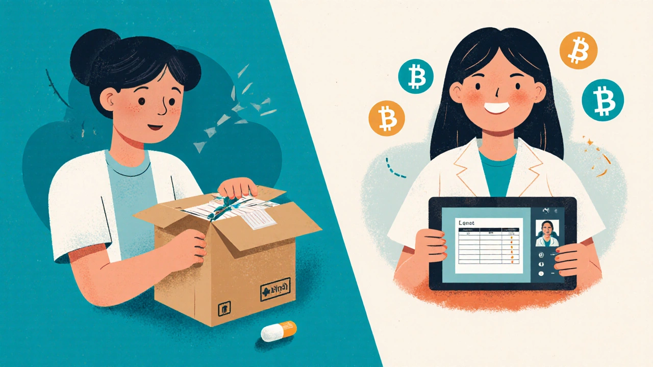 Patient opening a compromised medication box vs. receiving a safe replacement with digital tracking.