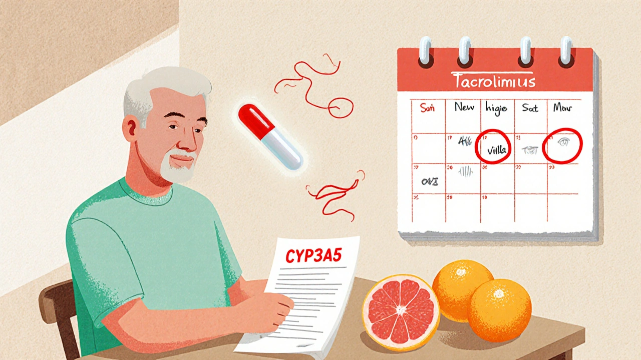 Patient reviewing blood test results with grapefruit and genetic chart nearby, highlighting personalized medication needs.