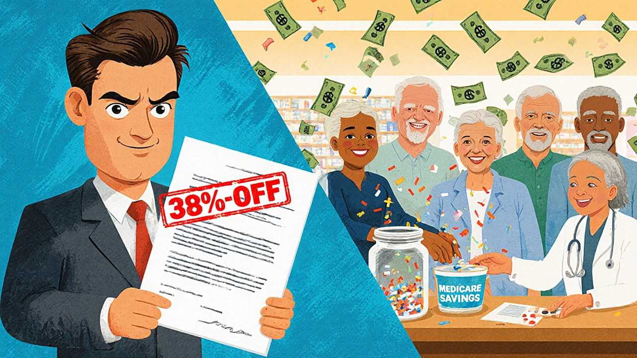 Pharmaceutical executive signing discount contract while patients receive lower-cost meds at a pharmacy.