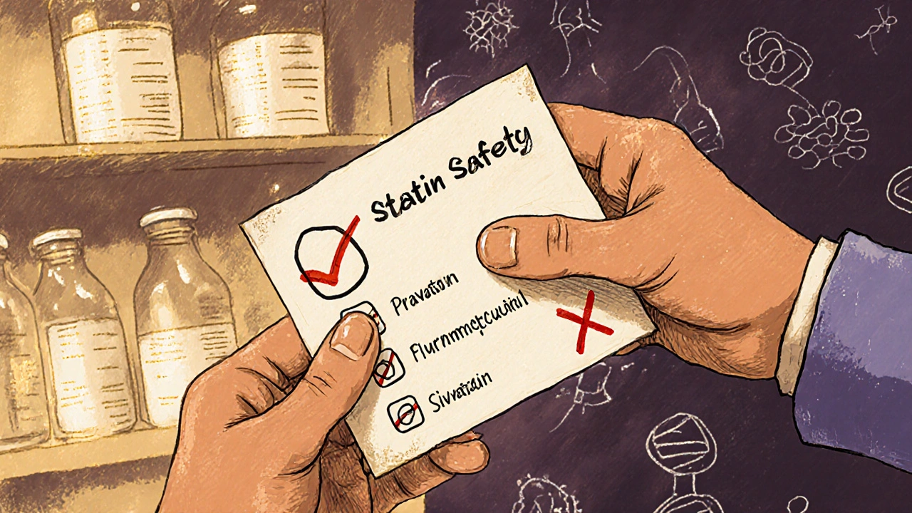 Pharmacist giving a safety card with safe statins highlighted, clarithromycin and simvastatin crossed out in background.