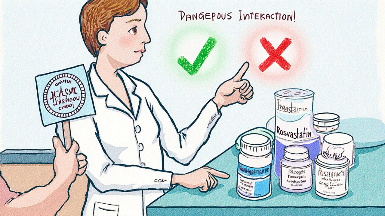 Pharmacist preventing dangerous drug mix, pointing to safer alternatives