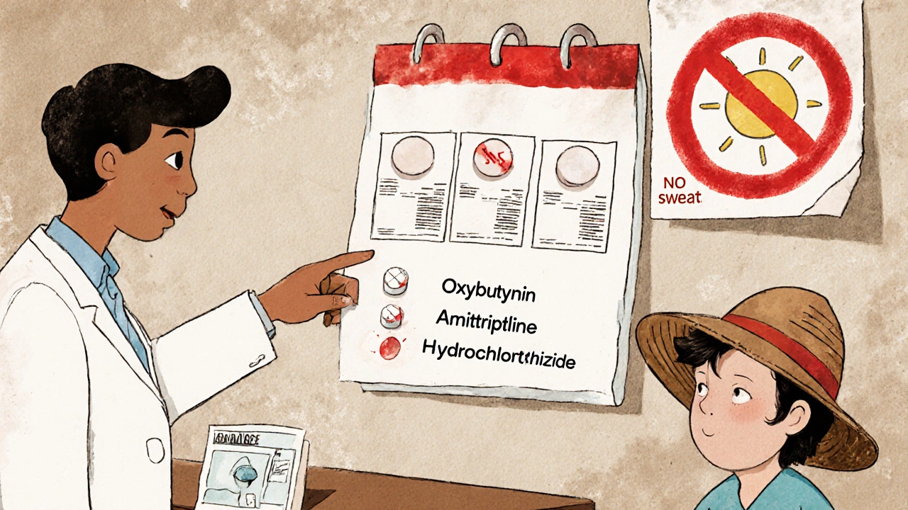 Pharmacist showing high-risk medications with no-sweat icons on a chart at a pharmacy counter.