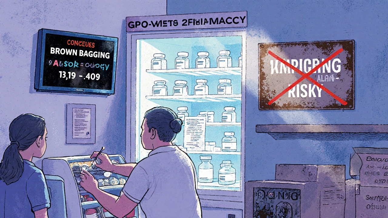Pharmacy staff checking insulin temperature logs with an AI alert monitor in the background, highlighting compliant sourcing and rejecting unsafe practices.