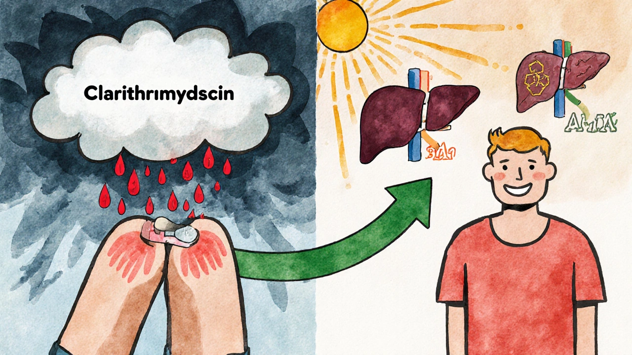 Side-by-side scene: one patient in pain with toxic red droplets, another calm with green arrow switching to safer antibiotic.