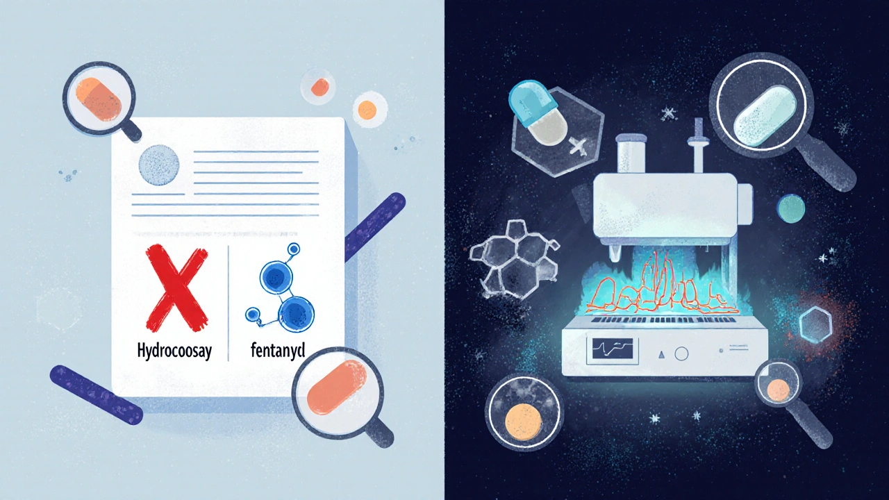 Split illustration showing failed opioid detection on basic test versus accurate detection with advanced machine