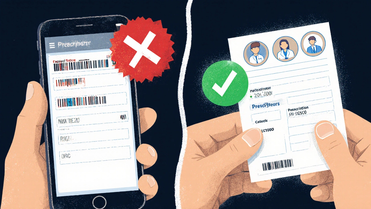 Split image: glitchy pharmacy app on one side, clear printed label on the other with checkmarks and Xs.