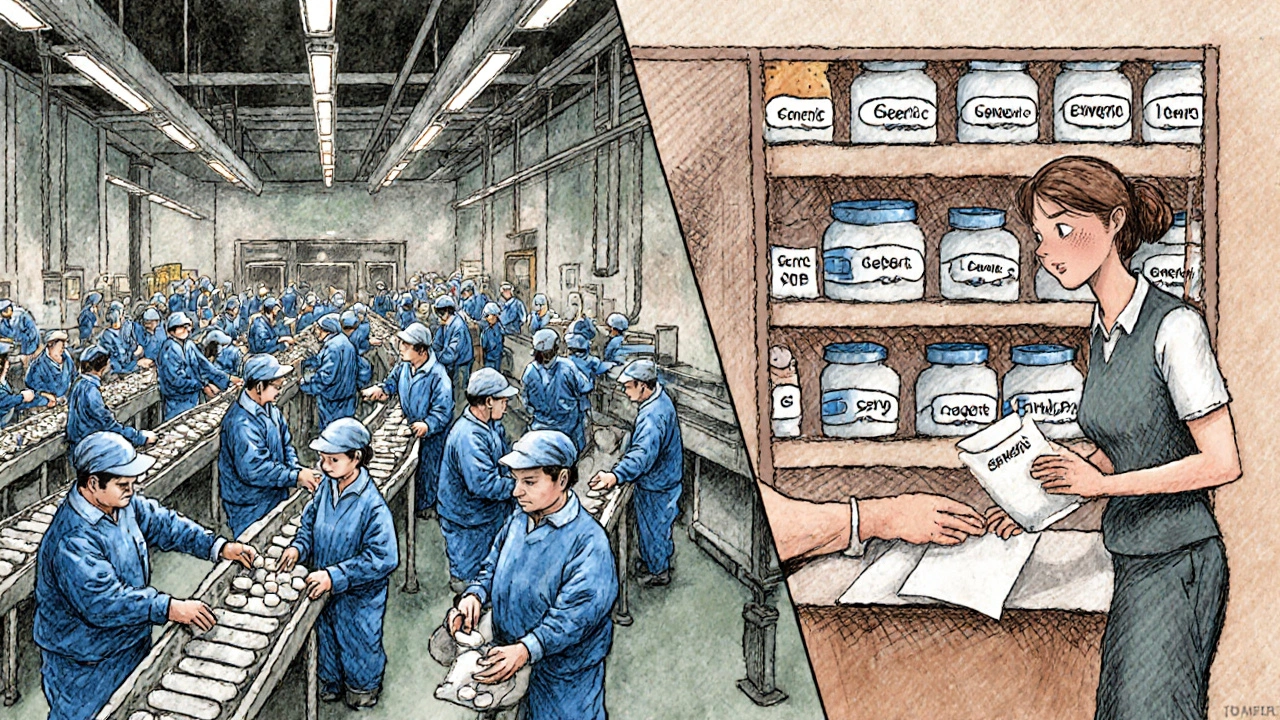 Split scene of an Indian pharmaceutical factory and a U.S. pharmacy with identical generic pills being dispensed.
