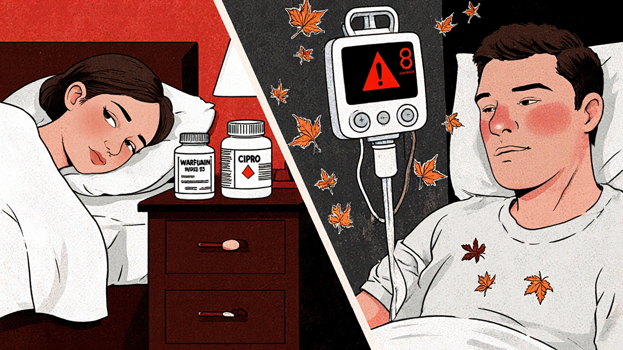 Split scene: peaceful home vs. emergency room with INR alarm, showing warfarin-antibiotic interaction consequences.