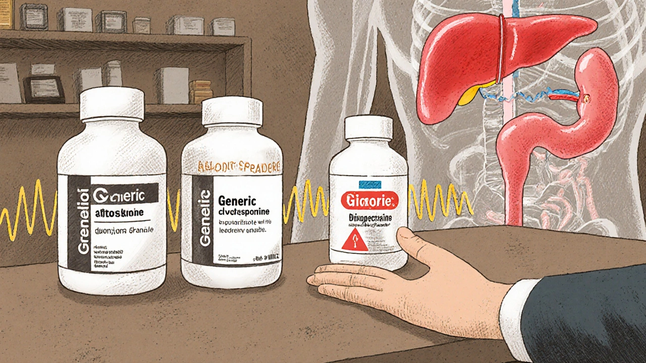 Three different generic cyclosporine bottles at a pharmacy with absorption waves affecting a human body diagram.